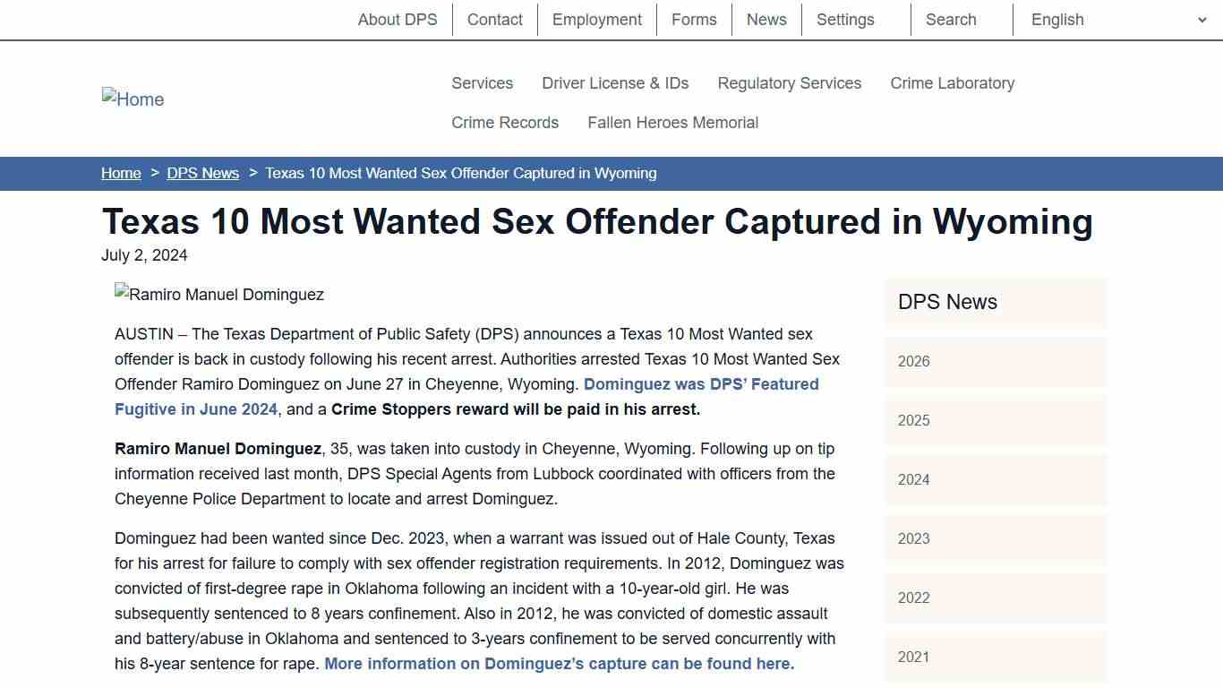 Texas 10 Most Wanted Sex Offender Captured in Wyoming Department of Public Safety